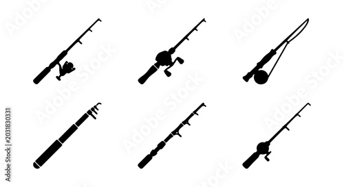 Bild auf Leinwand Fishing Rod Icons, Angling Gear Silhouettes, Sport Fishing Equipment Vector Set