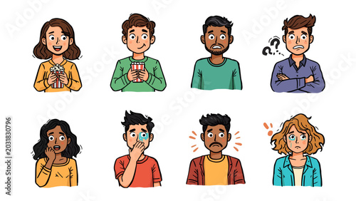 Billede på lærred Emotions Expressed: A vibrant collection of diverse individuals displaying a wide range of human emotions from joy and surprise to confusion and distress, presented in a clean