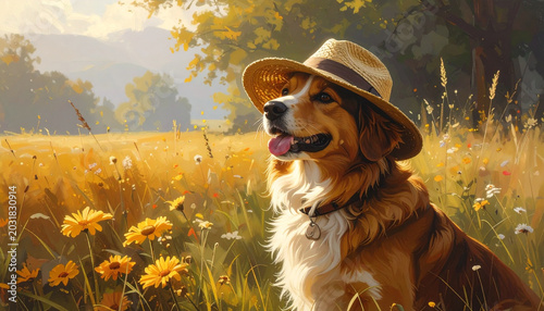 Dog in a straw hat outdoors