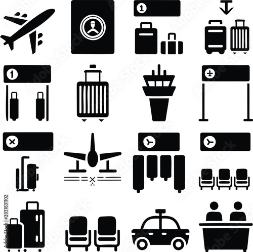 Airport and Travel Tourism Silhouette Vector Icon Set