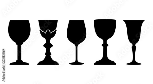Fotografía Elegant Wine Glass Silhouettes Collection, Diverse Styles, Black Vector Icons