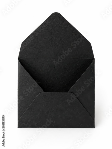 Open empty black textured craft paper envelope standing upright with the inner pocket clearly visible matte handmade paper surface and clean folded edges luxury invitation packaging concept