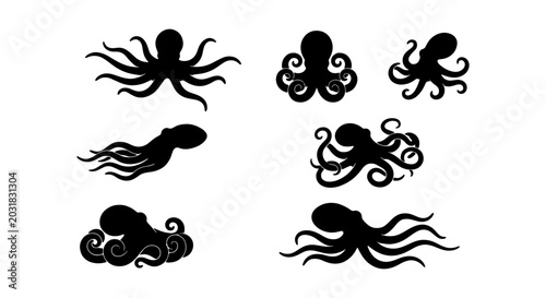Foto Octopus Silhouettes Set: Marine Life Vector Icons, Nautical Underwater Creatures