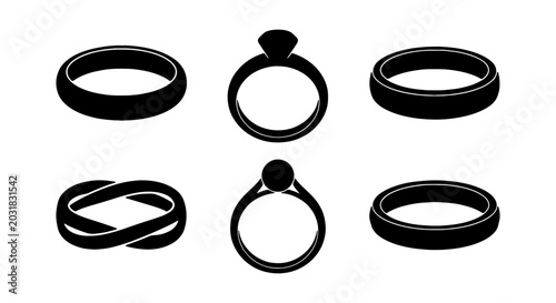 Schilderij op canvas Wedding Rings Collection, Engagement Ring Icons, Simple Jewelry Set, Black and W