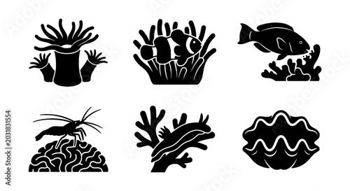 Foto Ocean Life Icons Set, Coral Reef Creatures Vector Graphics, Marine Biology Symbo