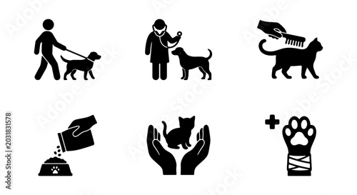 Photos Pet Care Icons: Dog Walking, Vet Visit, Grooming, Feeding, Adoption, Health