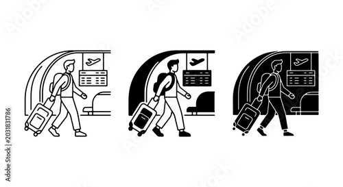 Photos Traveler Icons, Airport Journey, Luggage, Person with Suitcase, Vector Set