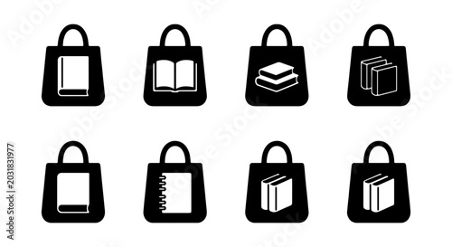 Book Shopping Bags Vector Icons, Literary Purchases, Reading Accessories Set, Retail Illustration