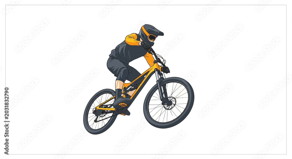 Obraz premium Extreme Downhill Mountain Biker in Action, Jumping with Yellow Bike and Orange Gear