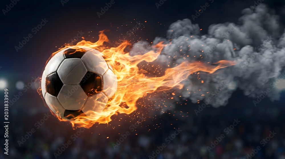 Fototapeta premium Fiery football flying with smoke and flames in a stadium stadium backdrop