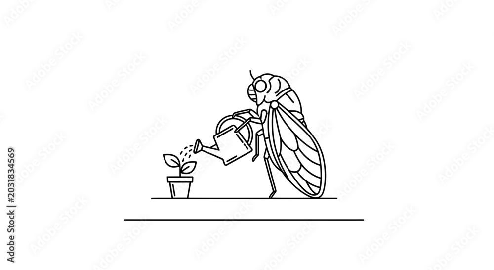 Fototapeta premium Cicada Watering Plant: Whimsical Insect Caring for Seedling in Pot