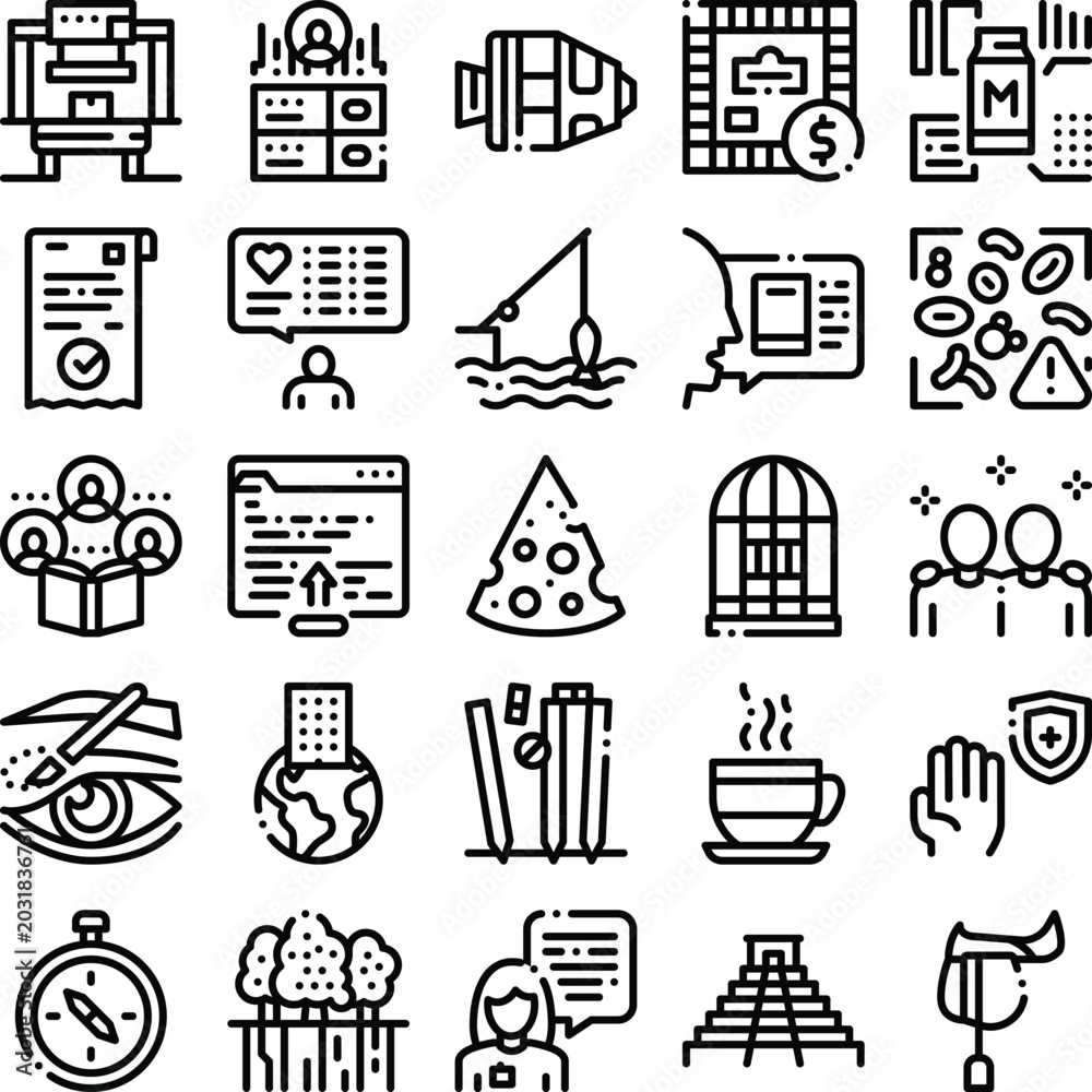 Fototapeta premium Diverse set of black linear icons representing education, business, health, travel, culture, and abstract concepts, perfect for web, app, and presentation design