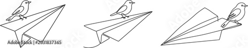 Continuous one line drawing of little bird sitting on paper airplane set. Freedom, peace and travel concept outline illustration.