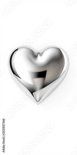 Shiny metallic silver heart symbol with reflective surface isolated on plain background representing love, heart, silver