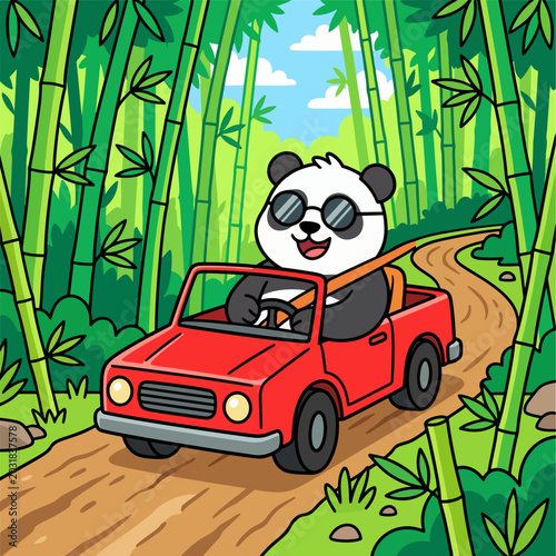 Fotografie Panda Driving a Car Through Bamboo Forest: A cheerful panda wearing sunglasses and an ascot drives a red convertible through a lush bamboo forest, a delightful illustration of adventure and fun