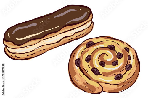Konstfotografi Delicious chocolate eclair and sweet raisin swirl pastry