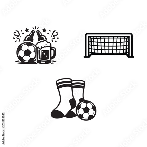 Minimalist black and white soccer vector illustration featuring beer celebration, goal net, and soccer gear, perfect for sports culture and lifestyle design.