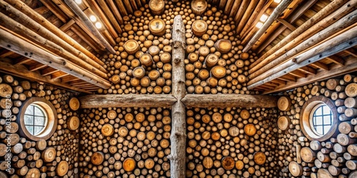 Rustic Wooden Interior Design Featuring a Unique Log Crossbeam and Circular Windows