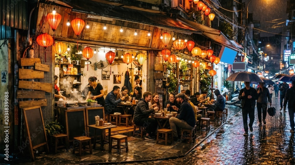 Obraz premium Vibrant Night Market Scene with Lanterns and Cozy Outdoor Dining in Urban Setting