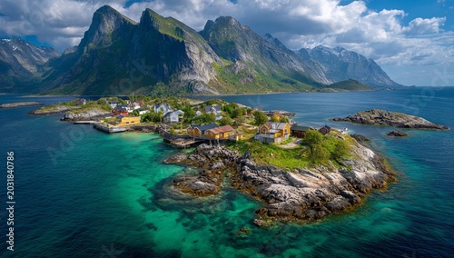 Aerial view of Reine village in Lofoten Islands, Norway with mountains.