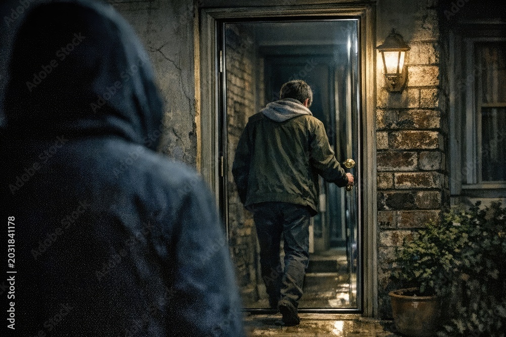 Fototapeta premium A person wearing a hoodie enters a house, a moment of surprise or intrigue