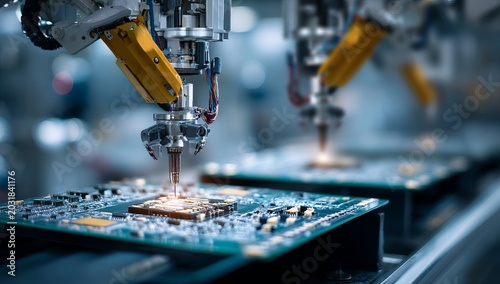 Automated electronic circuit board assembly with robotic arms in factory.