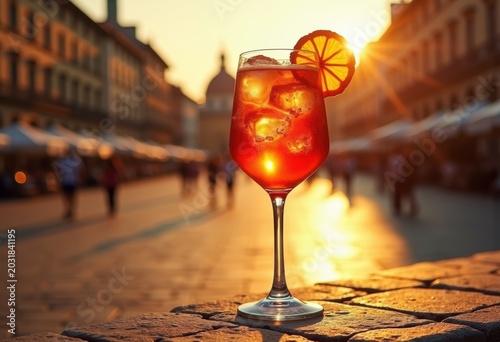 Sunkissed Aperol Spritz in Elegant Wine Glass Against Iconic European Piazza Architecture