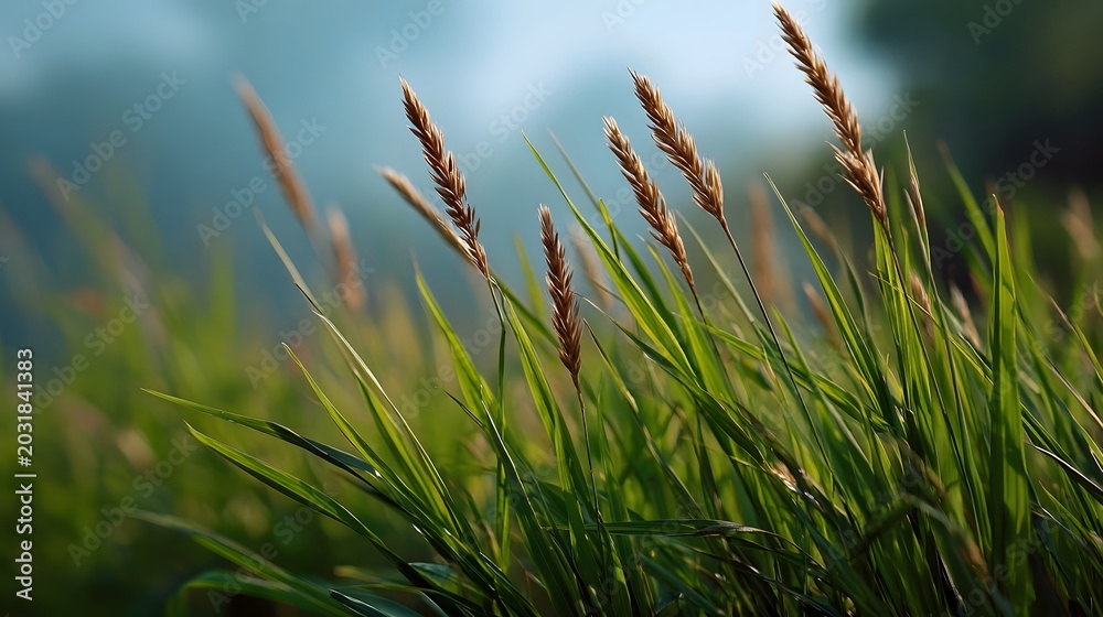 Obraz premium Close up view of dry golden wheat stalks creating a rustic and elegant texture against a soft blurred background
