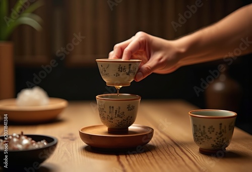 Traditional Japanese Sake Pouring Ceremony Intricate Ceramic Cup Elegantly Displayed in Peaceful Izakaya