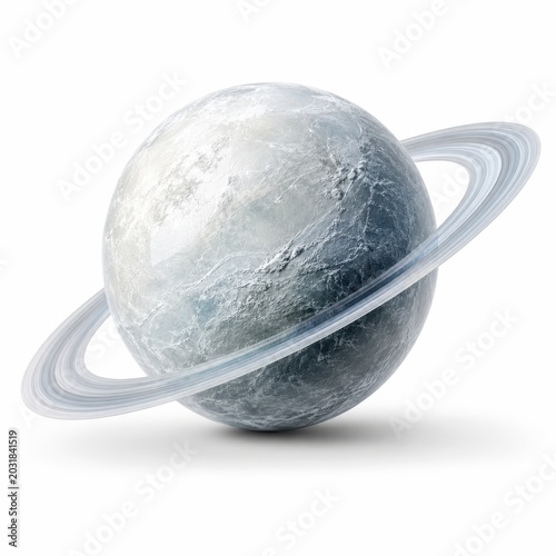 Realistic icy ringed exoplanet pale frozen sphere with thin translucent rings frosted surface patterns premium astronomy concept design three quarter angle isolated