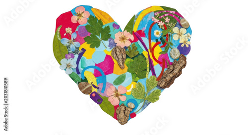 Heart shape collage made of pressed flowers, green leaves, colorful paper scraps, and textured ginger roots on a solid black background