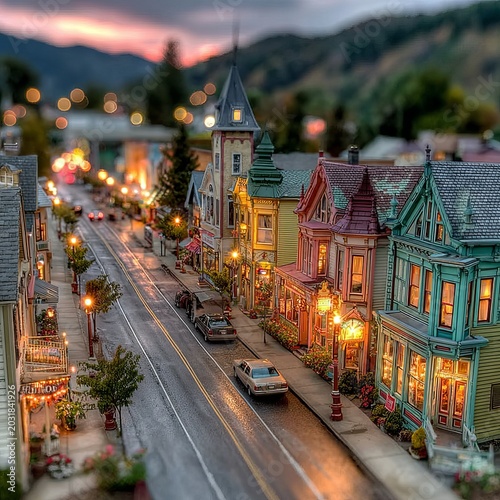 Charming Victorian town street at dusk with tilt-shift effect.