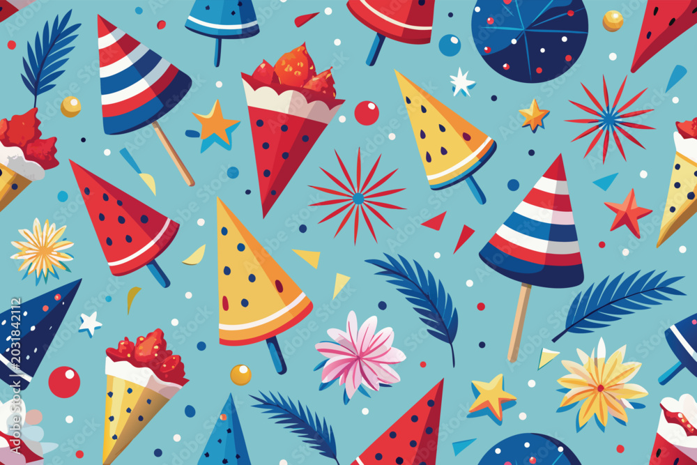 Fototapeta premium Seamless pattern with popsicles watermelon slices and festive stars on blue background