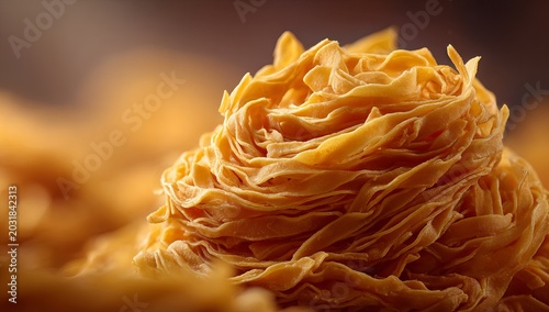 Close-up of a pile of golden, ruffled pasta.
