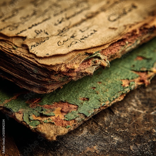 Close-up of an old book with weathered pages and cover.