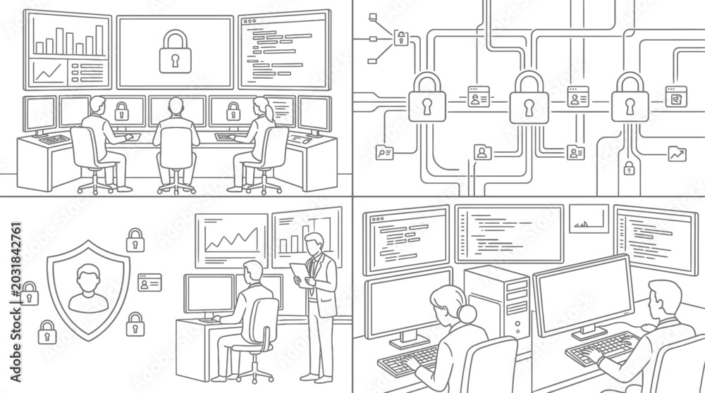Fototapeta premium Cybersecurity and Network Data Protection Concept Illustration Set in Line Art Style