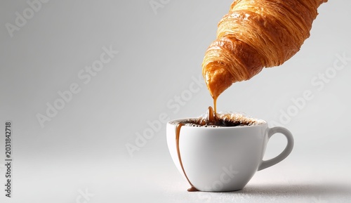 Croissant dripping into a cup of coffee on white background.