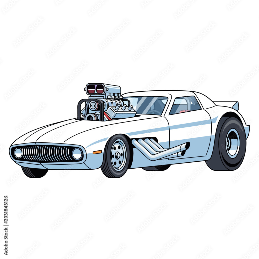 Fototapeta premium Cartoon White Racing Car with Powerful Engine, Vector Illustration