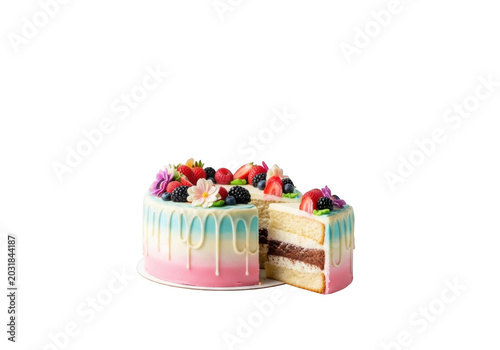 Layered cake with pastel ombre frosting, white chocolate drip, fresh strawberries, blackberries, blueberries, and edible flowers on a white plate