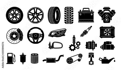 Foto Car spare parts black icon collection flat vector illustration isolated automoti