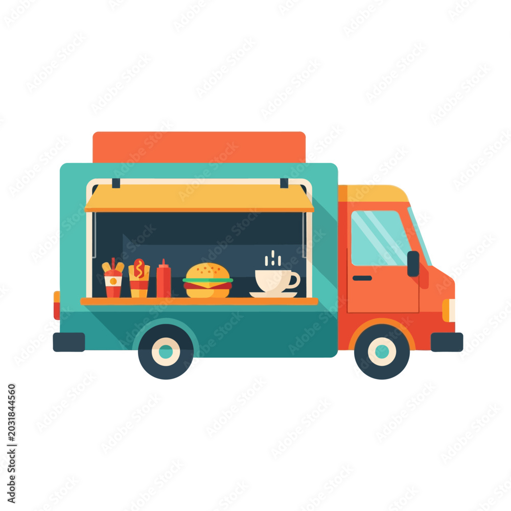 Fototapeta premium Colorful Food Truck Illustration with Burger, Coffee, and Fries