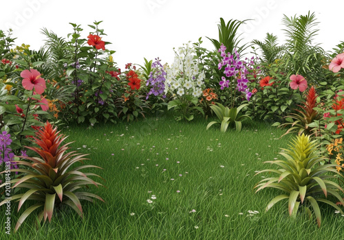 Lush green grass field with a variety of colorful tropical flowers, hibiscus, bromeliads, and purple orchids isolated on a black background