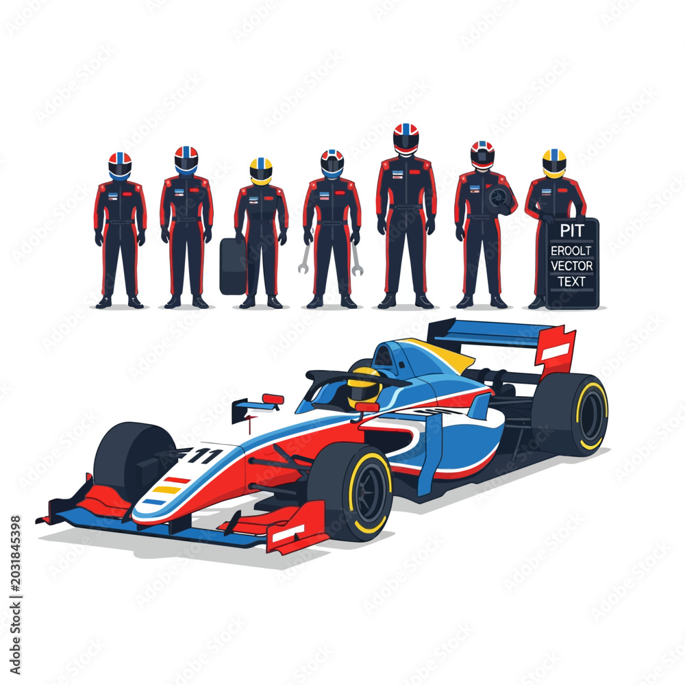 Obraz premium Formula racing car with team illustration, pixel art style.