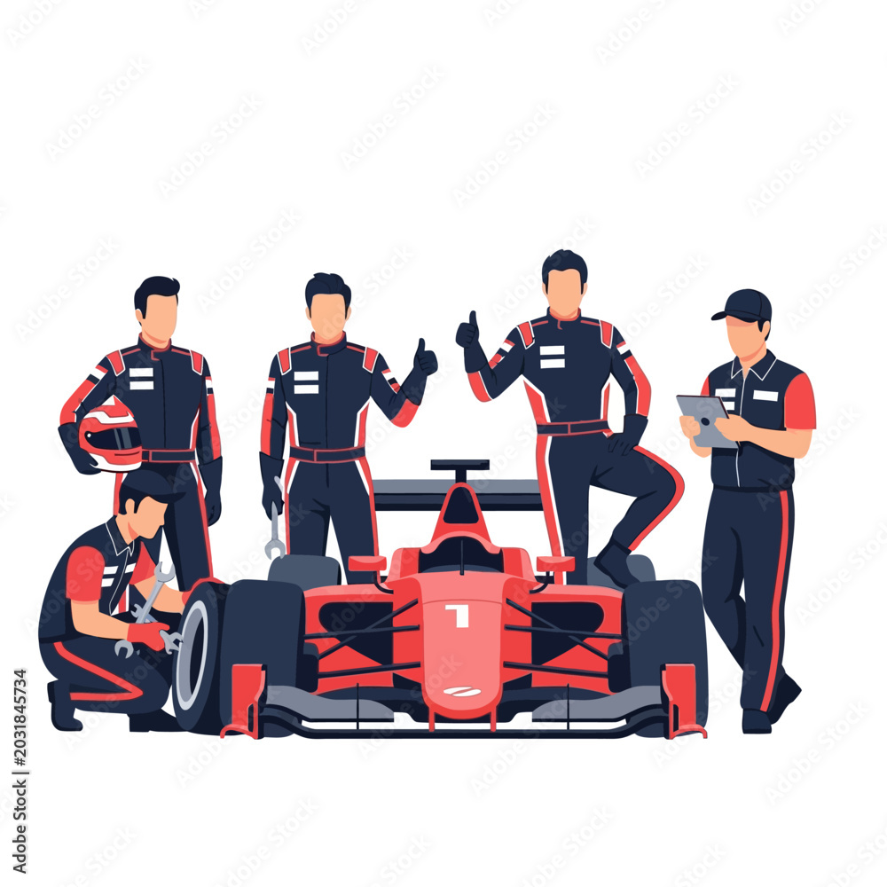 Obraz premium Formula racing crew and car illustration on white background