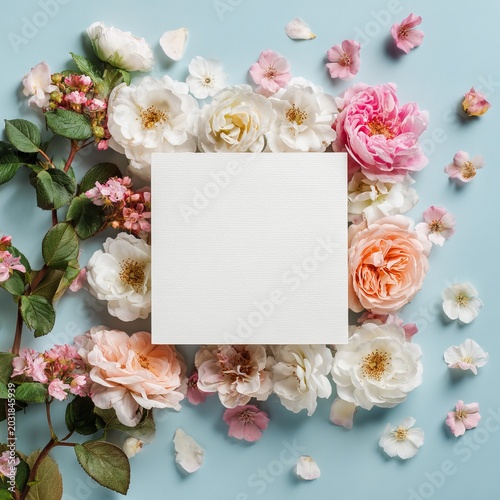 Floral Frame Mockup with Roses and Blank Card on Blue Background.