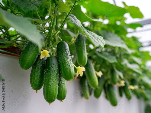 Fresh cucumbers hanging on vines in a greenhouse.
