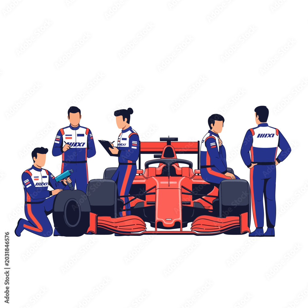 Obraz premium Formula racing crew inspecting race car, isolated