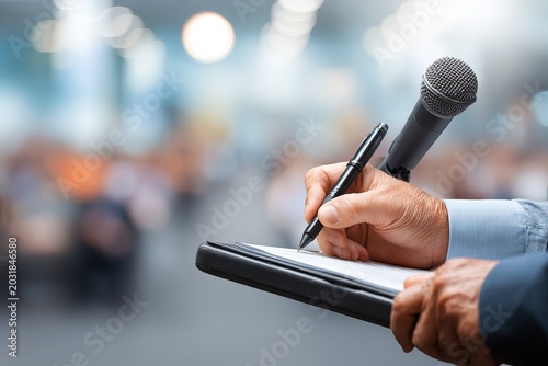 Hand taking notes while holding a microphone at event.