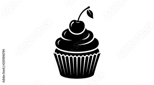 Black and white cupcake icon with cherry topping