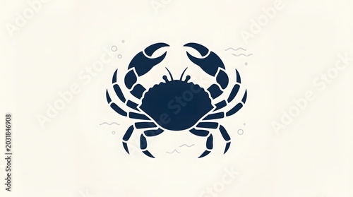 Minimalist crab illustration with bubbles navy blue on cream background